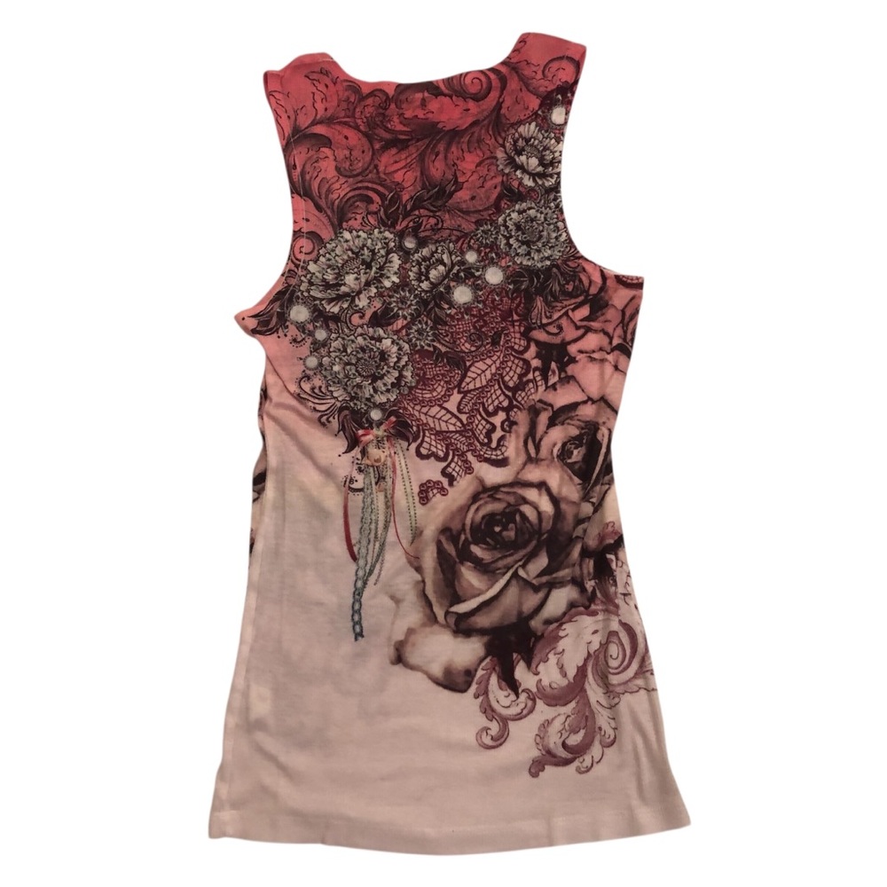 Boho Pink Tank Top with Floral Graphic Front & Back & Rhinestuds on Front Size L
